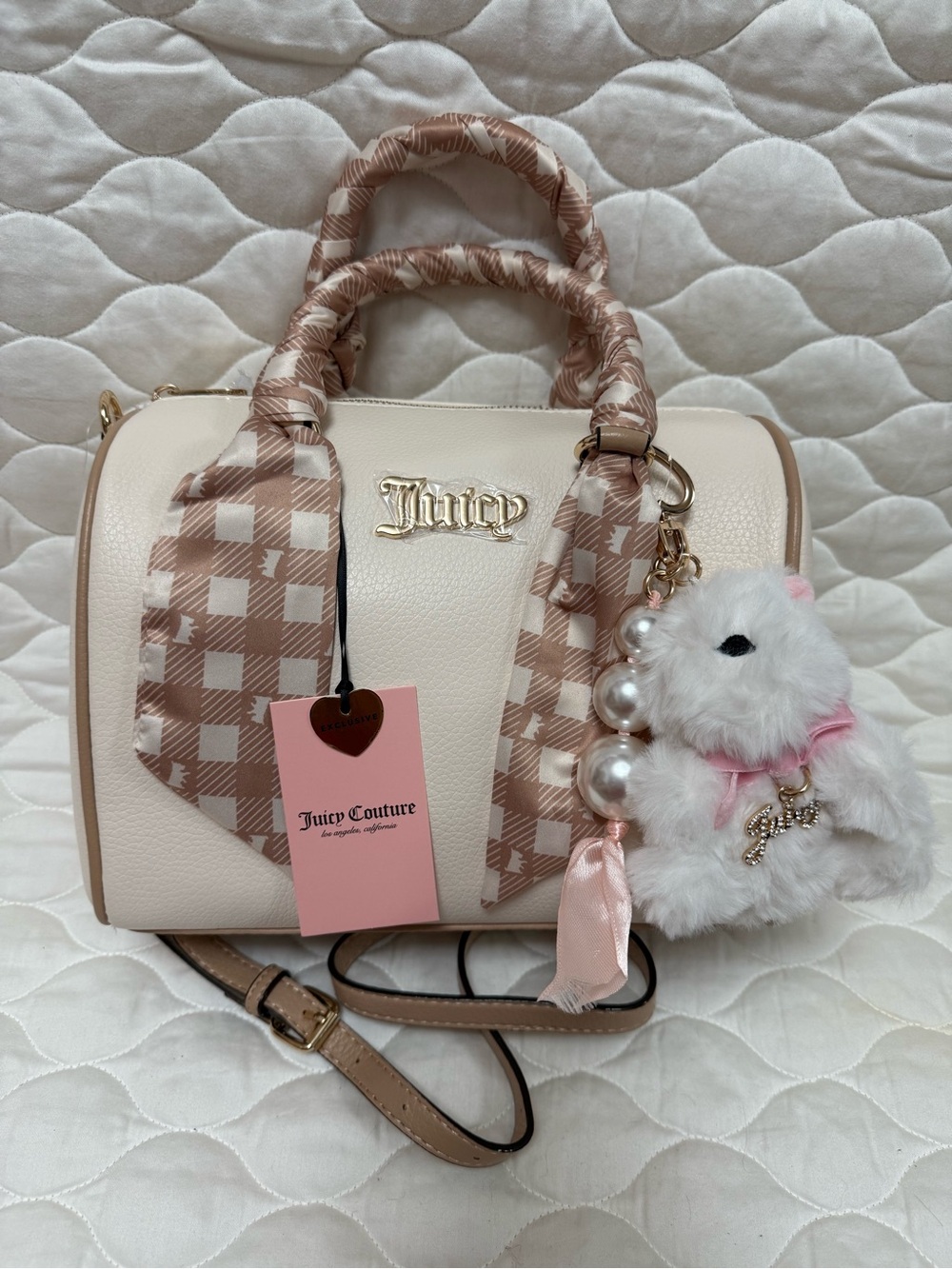 Juicy Couture Cream Satchel with Pink-Tan Scarf and Charm